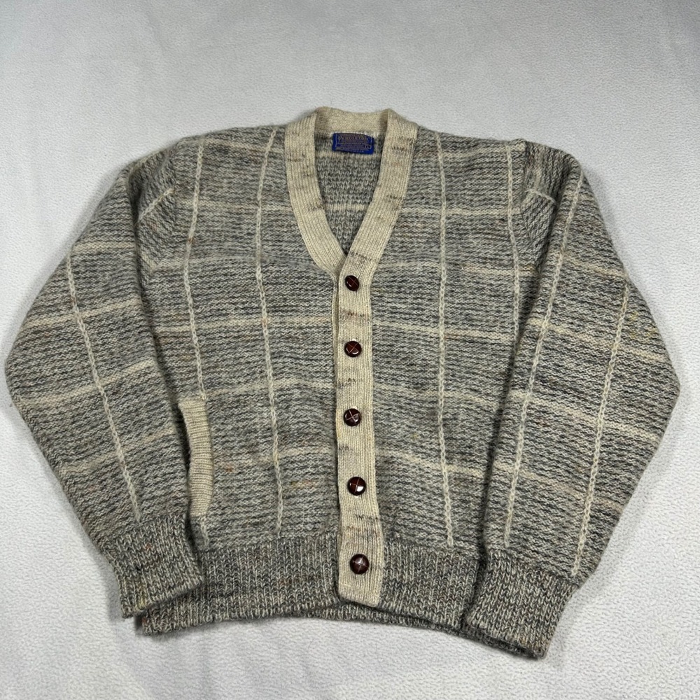 Pendleton Cardigan Sweater Mens Large Grey Plaid Virgin Wool V-Neck USA Vintage